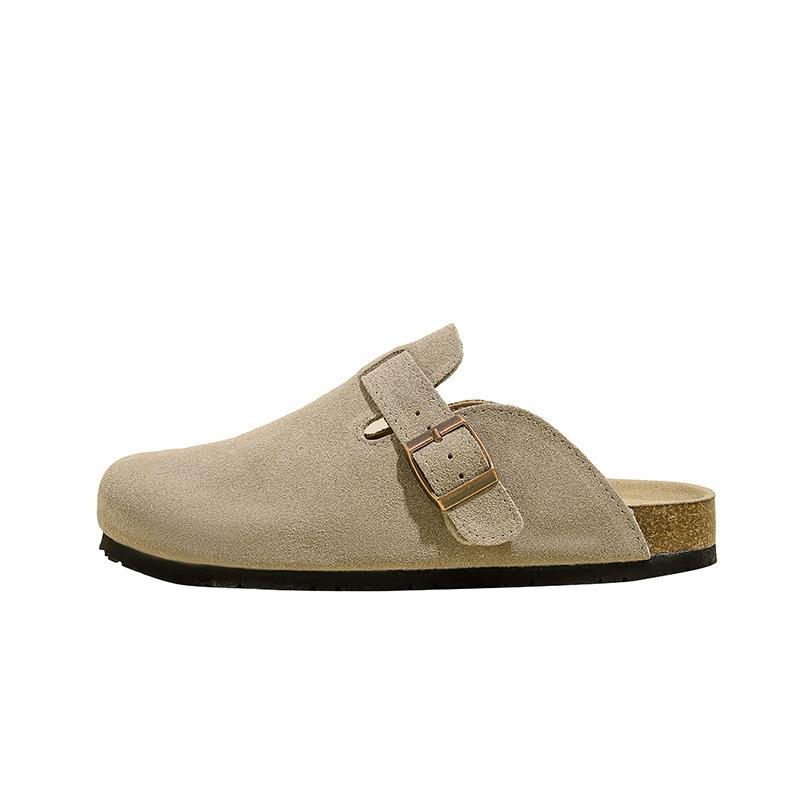 Cowhide version~ Grape mother men and women with the same leather cork Boken lazy people wear h sandals couple half drag Birken shoes