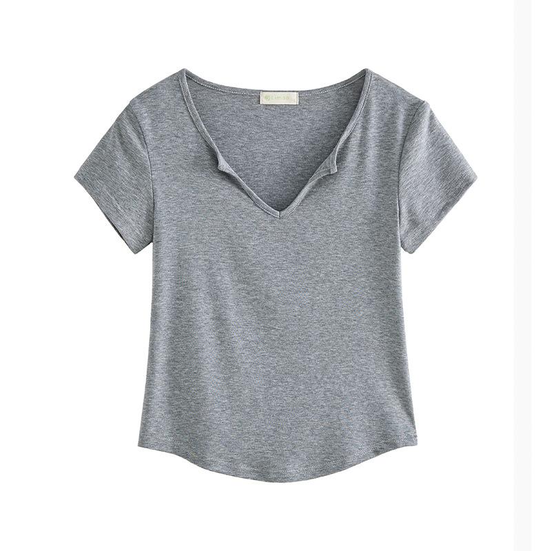 Französisches V-Ausschnitt-T-Shirt für Damen im Sommer, neues Curved Slim Fit Slim Base Shirt