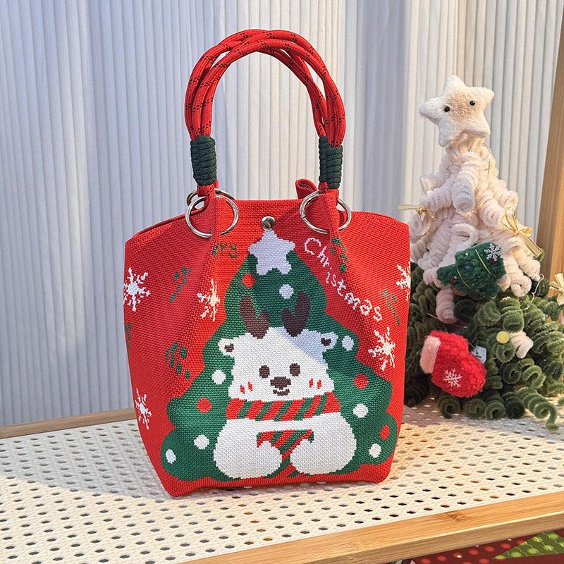 Cartoon Reindeer Santa Claus Knitted Bucket Bag For Women  Large Capacity Portable Handbag Christmas Knitted Gift Bag