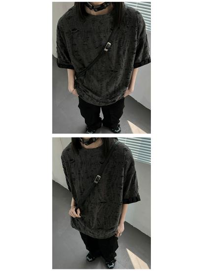 Wasteland-Style Niche Hollow-Out Ripped Men's Heavyweight T-Shirt with Small Neckline