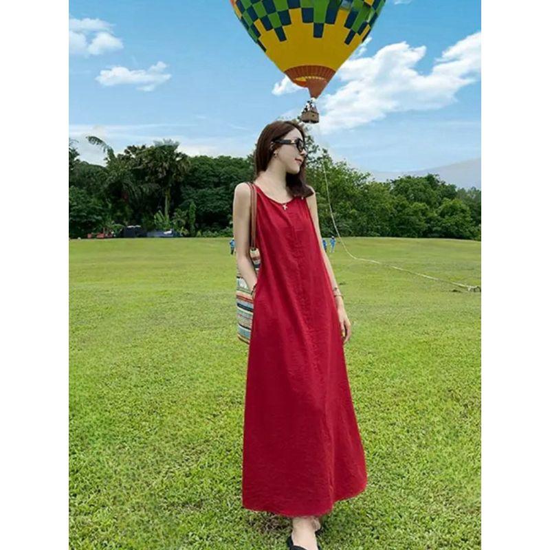 

French Style Front and Back Wearable Open Back Shoelace Sleeveless Dress Women s Spring/Summer Idle Style Loose Casual Slim-Fit Sleeveless Dress Red M