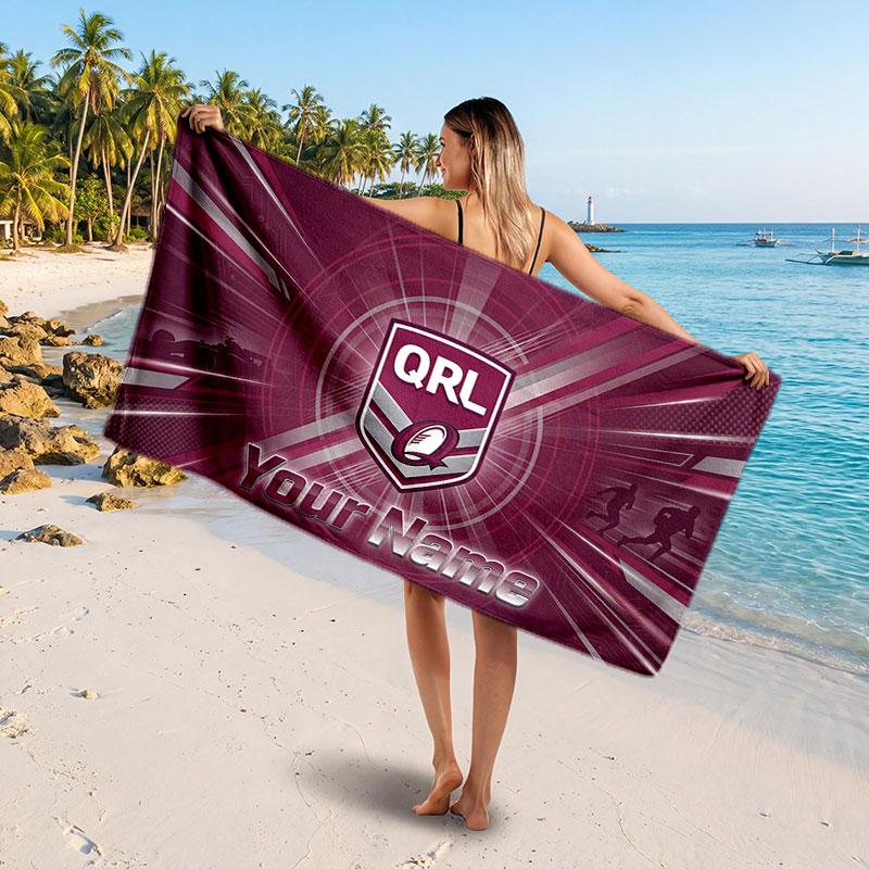 Queensland Maroons Customized Name Text Beach Towel, Soft Absorbent Towel Beach Pool Travel Personal Gift