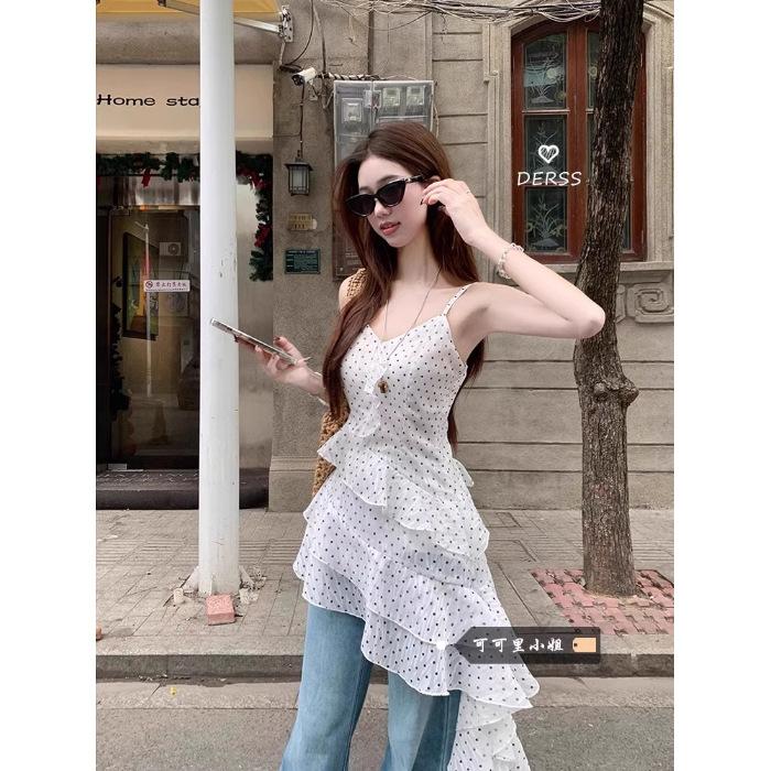 

Chiffon + inner, Korean polka dot ruffle leaf edge suspender dress for women s new seaside vacation style irregular skirt S белый