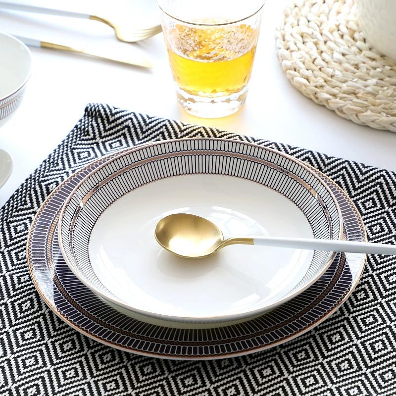 8/10palcové talíře z kostního porcelánu - Moderní elegantní kulaté nádobí se zlatým lemem Dezertní talířová sada Jídelní nádobí Servírovací talíře pro kuchyň, vhodné do mikrovlnné trouby