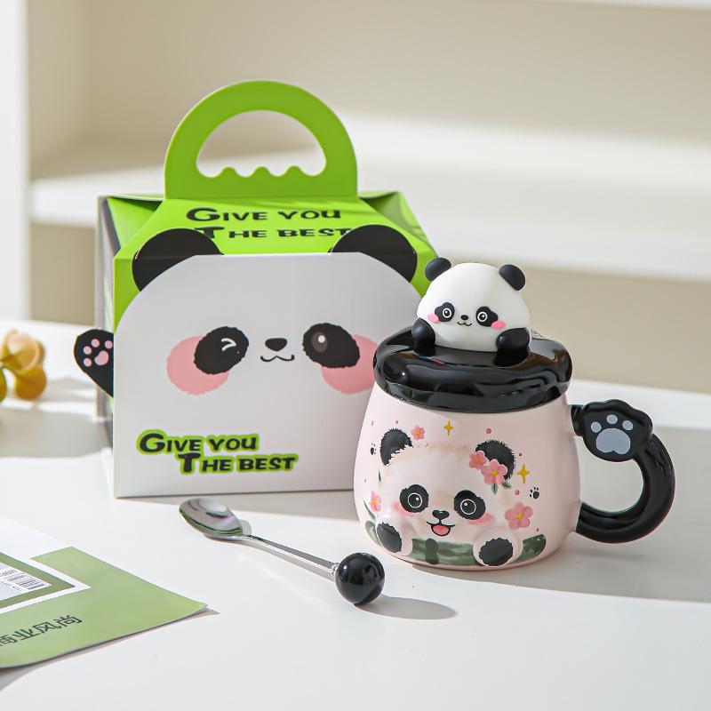 Cartoon Panda Mug with Lid Girl Cute Ceramic Office Home Couple Drinking Water Souvenir Birthday Gift