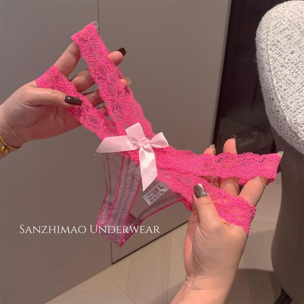 Desire Goddess Lace Thong: Sexy Low Waist Mesh Bow T-Back Panty for Women