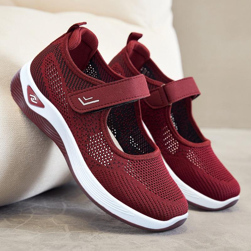 Women's Middle-Aged & Elderly Mother's Shoes – Shallow Breathable Flat Fly-Knit Casual Shoes, Velcro Walking Shoes for Seniors