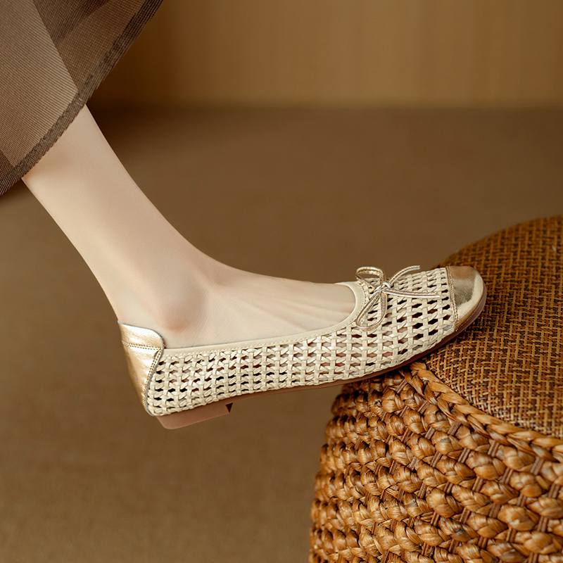 Krazing Pot Cow Skin Weaving Summer Size 41 Low Heels Party Shoes Women Square Toe Gladiator Butterfly-knot Hollow Out Pumps