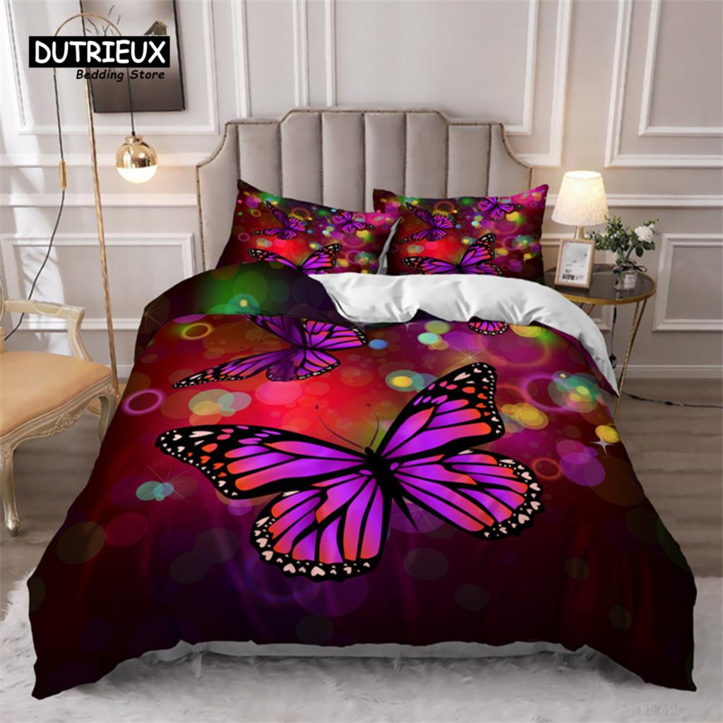 Girls Duvet Cover Set Queen Size Butterfly Bedding Set For Kids Teens Gorgeous Colorful Butterflies Comforter Cover Pillowcases