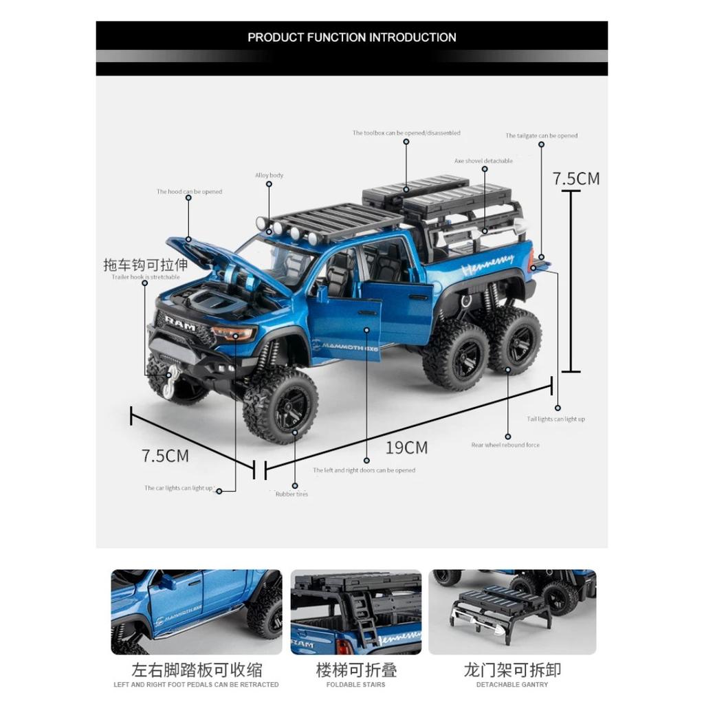 1/32 Dodge RAM 1500 TRX 6X6 Tyrannosaurus Rex Picku Alloy Car Model Sound and Light Children's Toy Collectibles Birthday Gift