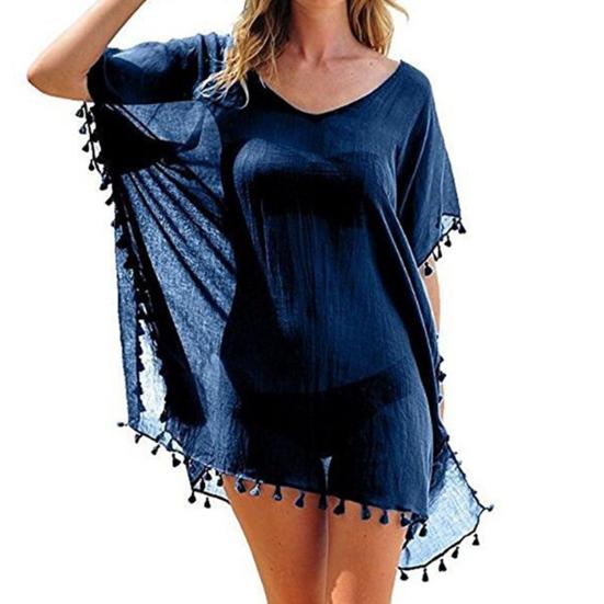 Swimsuit Cover Up Solid Color Loose Bikini Dress See-through Tassel for Holiday