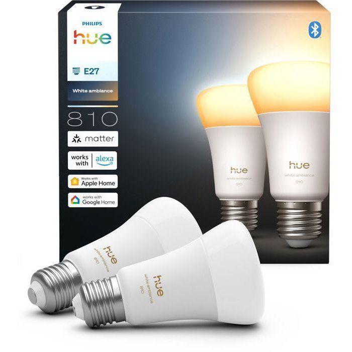 Pack de 2 ampoules LED connectées A60 - PHILIPS HUE - Lumière blanche - Culot E27 - 6W - 1000-2000k - 810 lumens