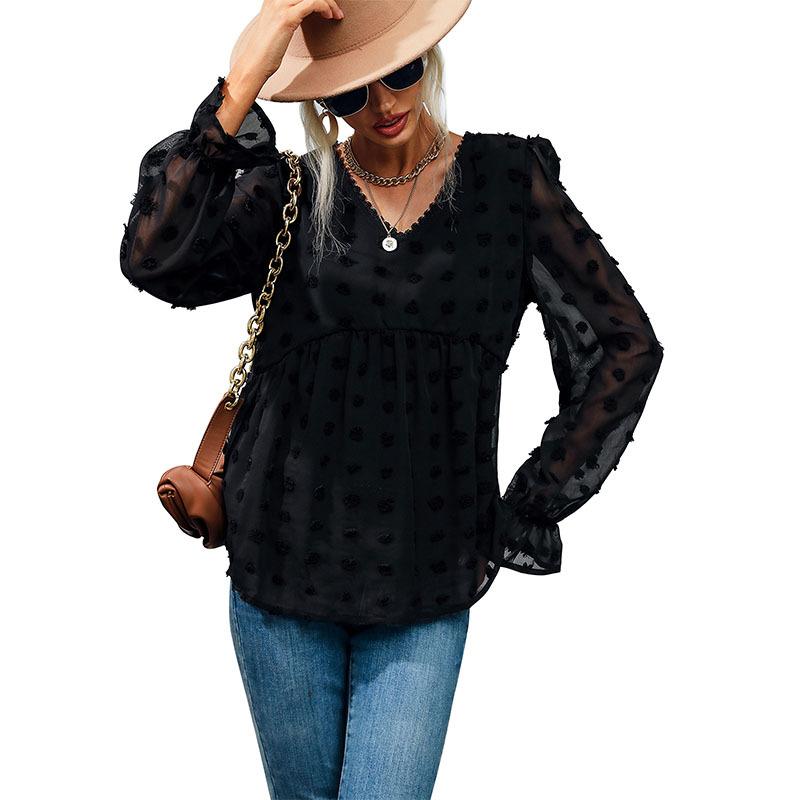 Fashionable and Casual Temperament Early Fall Tops Thin Section Loose V-neck Long-sleeved Black Shirt