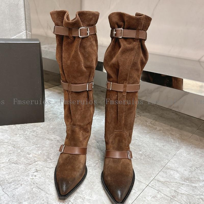 Women Knee High Boots Genuine Leather Pointed Toe Chunky Heel Solid Casual Fashion Simple Design Shoes Western Cowboy Boots