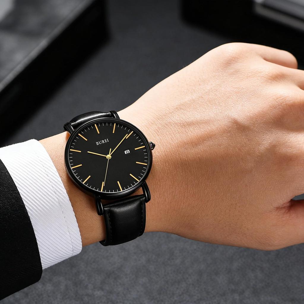 BUREI Analog Quartz Watch with Date Commuter Watch with Leather Strap Men's Display, Waterproof, Popular, Simple, Stylish, (Black, Leather)