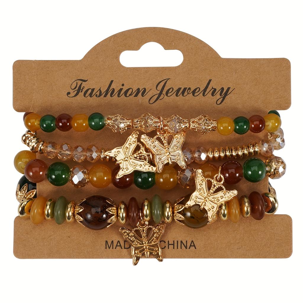 4Pcs Bohemian Butterfly Beaded Bracelets, Crystal Zinc Alloy Pendant, Ladies Daily Party Jewelry