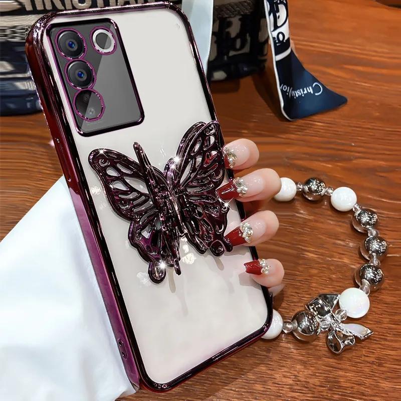 3D Butterfly Phone Holder Bead Bracelet Glitter Plating Case for Samsung Galaxy S24 S23 S22 S21 S20 FE Ultra S10 Plus Cover