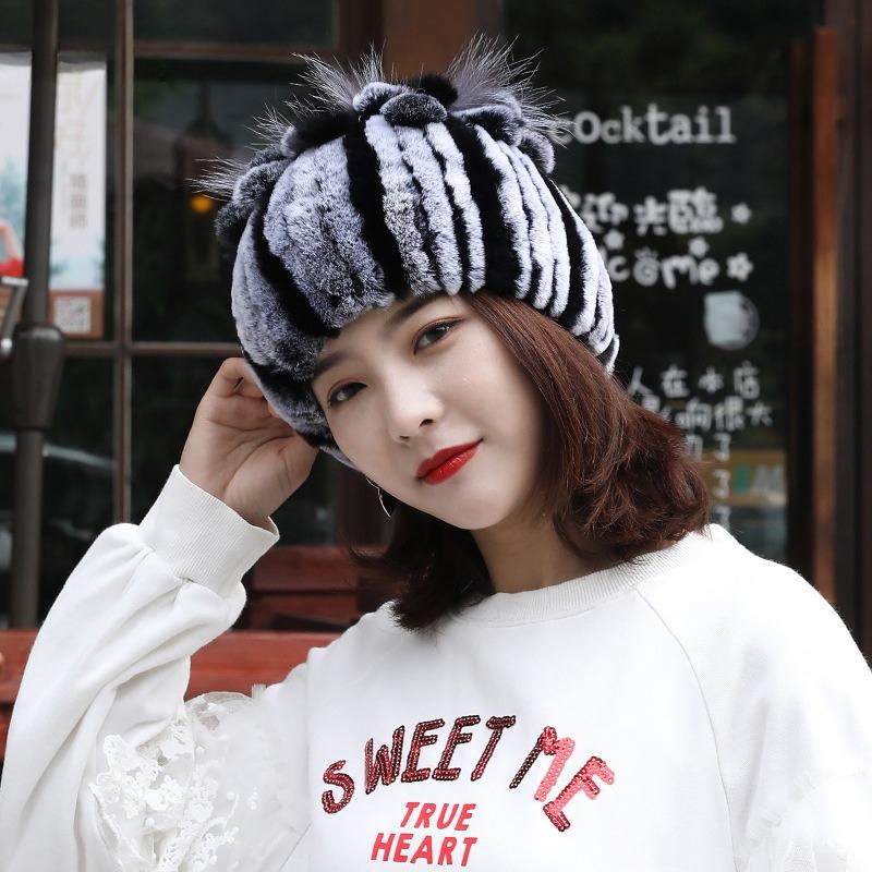 Real Rex Rabbit Fur Knitted Beanie Hat For Women Winter Thick Warm Russia Hat Pompom Snow Caps Outdoor Ski Hats Headwear