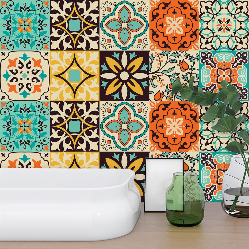40Pcs Moroccan Retro Tile Stickers - 0.45mm Thickened Crystal Film PVC Decals - Waterproof Self-Adhesive Floor & Wall Mural for Kitchen Bathroom DIY