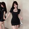 American Sexy Spice Girl Style Big Dress, Korean Version of Pure Desire Temperament, Waist Exposed Collarbone Thin Hip Skirt