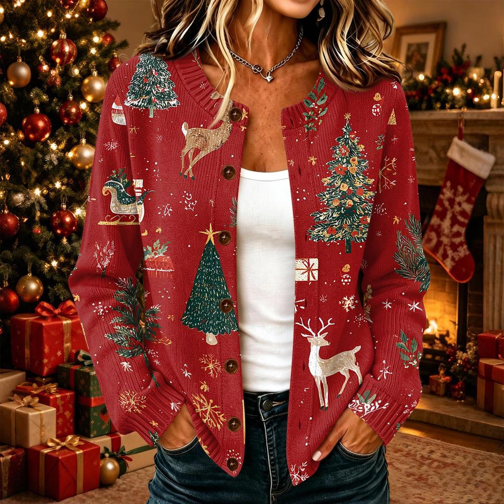 Dames Kerstprint Lange Mouwen Gebreide Vest Knopen aan de Voorkant Casual Trui