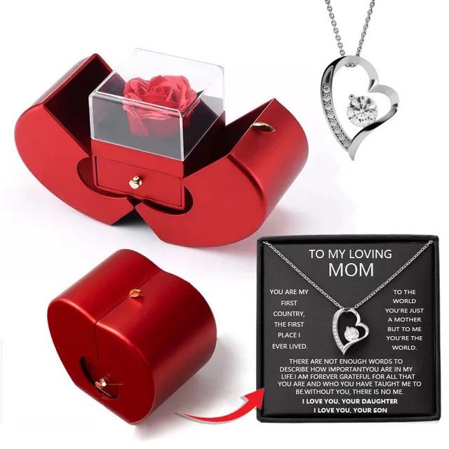 Double Opening Rose Heart Necklace Gift Box - Christmas Jewelry Box with Drawer