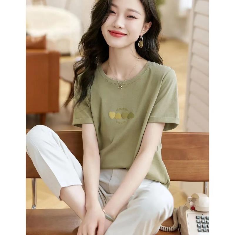 Women s Heart Print Olive Green Basic Short Sleeve T-Shirt S зелёный