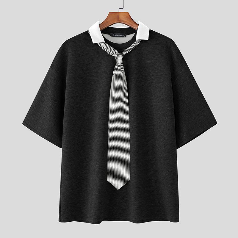 

INCERUN Men Tie Up Neck Short Sleeve Patchwork Casual Loose T-shirts Tops S чорний