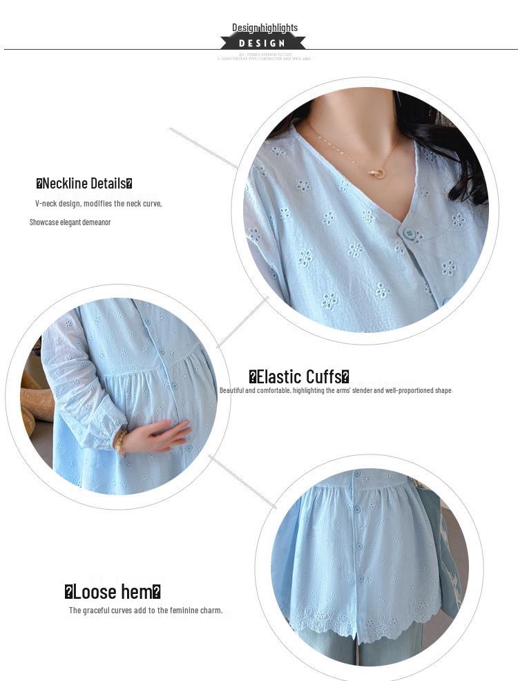 2026 Spring Maternity V-Neck Embroidered Doll Shirt – French Korean Style Loose Top