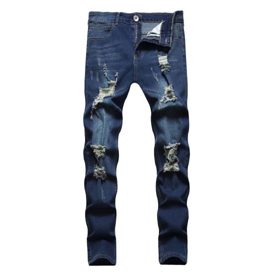 Men Jeans Ripped Holes Slim Fit Soft Breathable Button Zipper Closure Mid Waist Color Matching Hip Hop Streetwear Men Long Pants