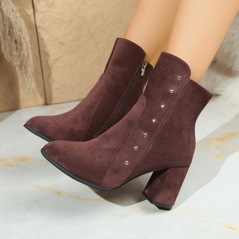 

Women s Suede Pointed Toe Block Heel Ankle Boots, Patchwork Martin Style Waterproof Winter Boots 42 бордовий