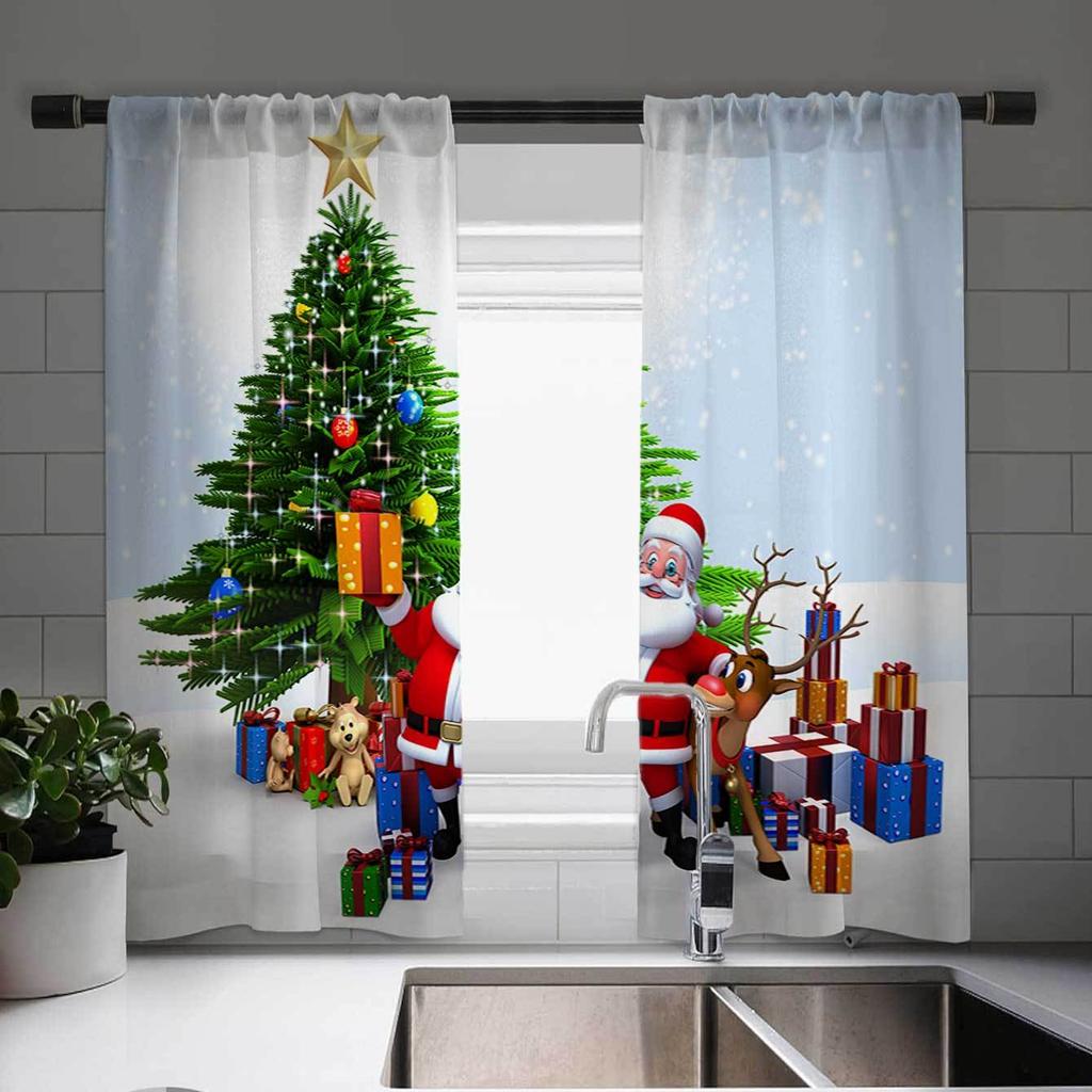 2pcs Christmas Themed Window Drapes Festive Tree Ribbons Lights Gifts Print Semi-Sheer Woven for Kitchen Living Room Bedroom