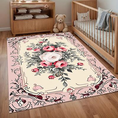 Classic Vintage Floral Rose Printed Carpet Luxurious Modern Living Room Bedroom Office Decor Non-Slip Machine Washable Floor Mat