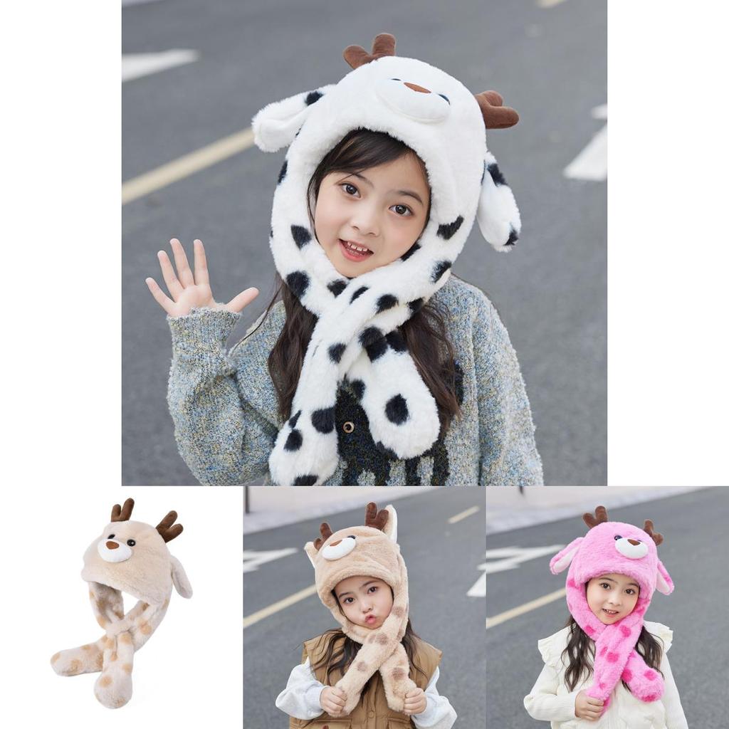 Childrens Cute Cartoon Hat With Moving Ears And Warm Neck Wrap For Snow Days