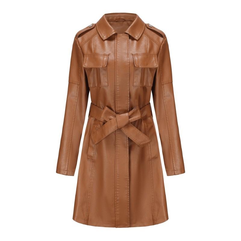 Womens Long Sleeve Faux Leather Trench Coat With Belt British Style Elegant Outerwear