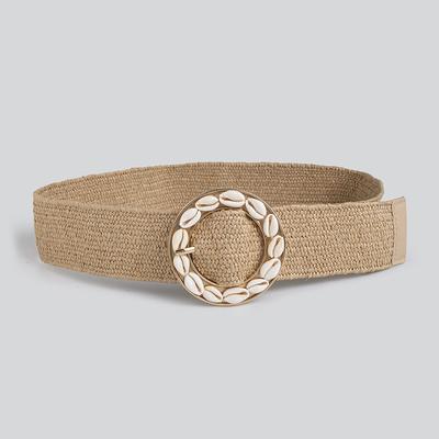 Boho Belt Vacation Style Natural Round Buckle Shell Pp Grass Elastic Women's Belt