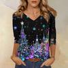 Women's Fashion Casual V Neck 3/4 Sleeve Loose  Printed T-Shirt Ladies Top