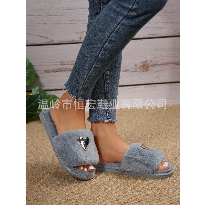 Women's Heart Shaped Flat Faux Rabbit Fur Slippers, Casual Indoor Home Footwear, Plus Size Warm Comfortable Slip On House Shoes