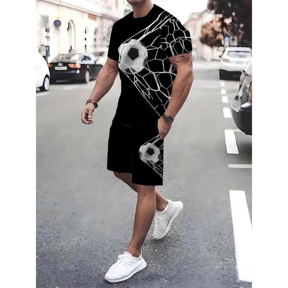 Breathable Men's Sports T-shirt Shorts Set Outdoor Quick-drying Basketball Football Short Sleeve Tee Drawstring Shorts Clothing