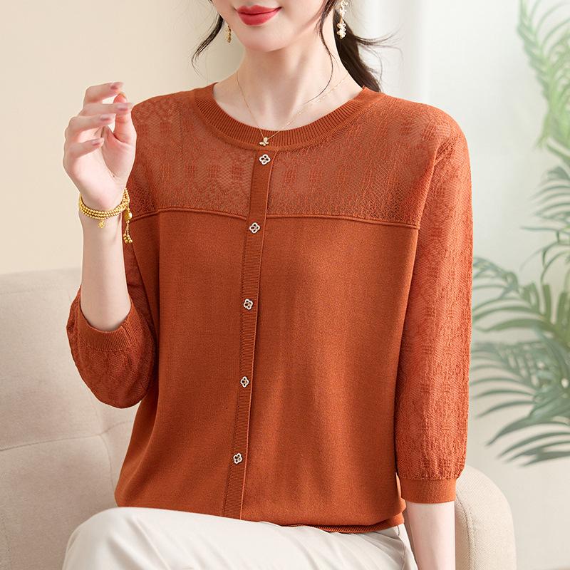 

Мамина блузка из ледяного шелка с круглым вырезом - с коротким рукавом, летняя футболка для женщин среднего и пожилого возраста, идеальный подарок на День матери XL for 90-105 lbs оранжевый