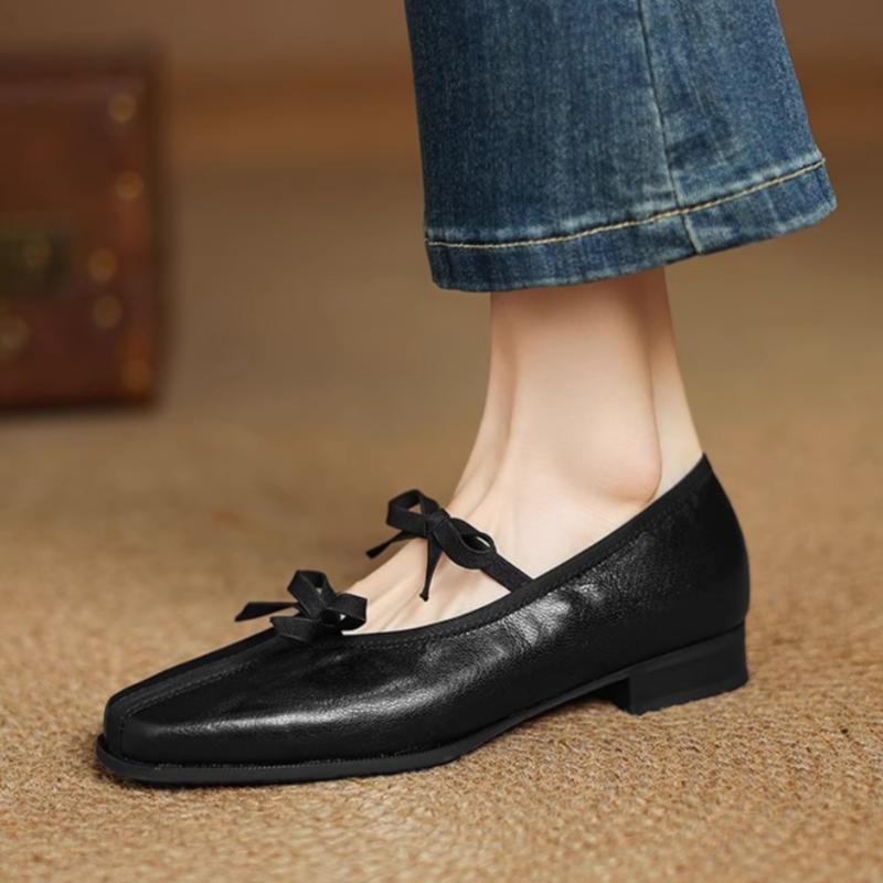 Mary Jane New Women Shoes Ballet Bow Square Toe Mid Heels Nude Shoes Fashion Casual Elegant Shallow Pumps Zapatos De Mujer