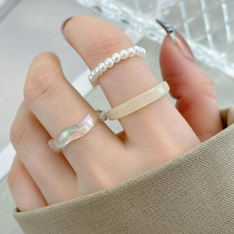 3 Pcs Minimalist Resin Finger Rings Beaded Elastic Stackable Ring Fashion Statement Ring Jewelry for Women Teen Girls