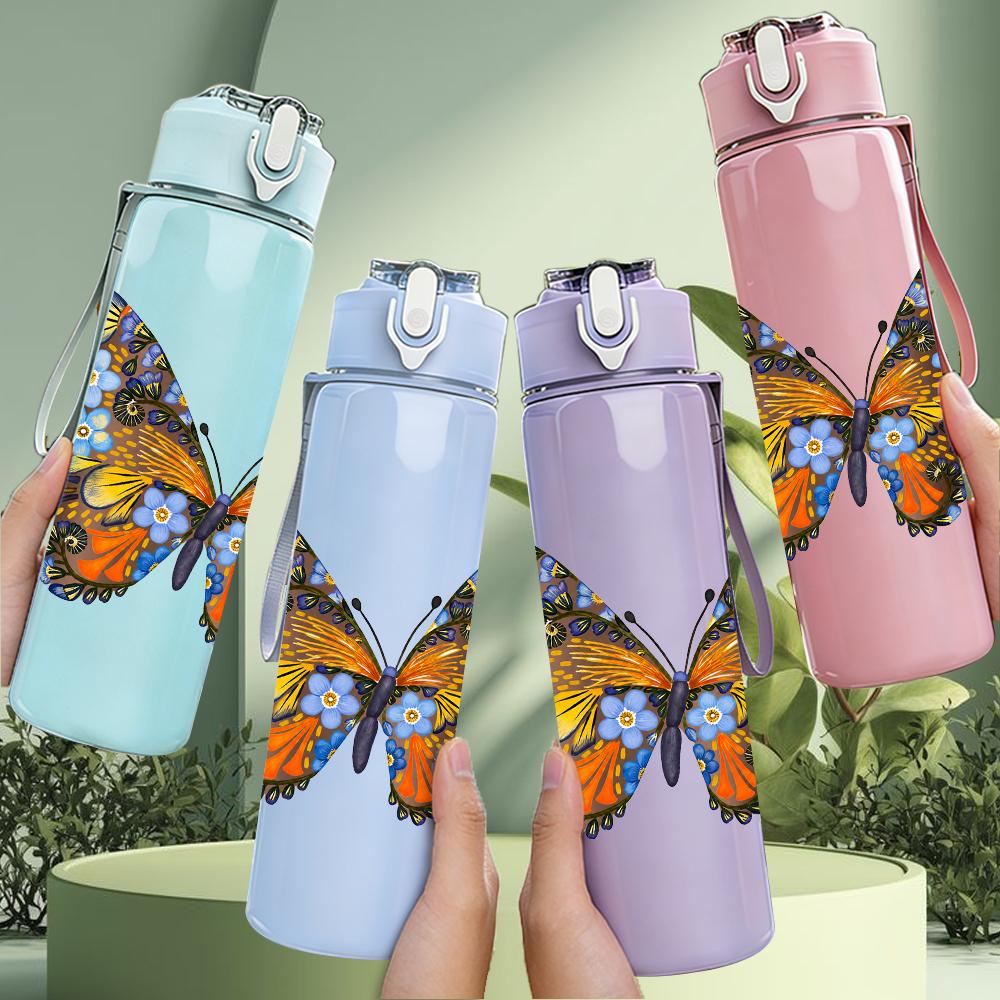 1PC Colorful Tropical Butterfly 750ml Color Plastic Sports Water Bottle Leakproof Flip Straw Lid Suitable for Sports Office Home Use