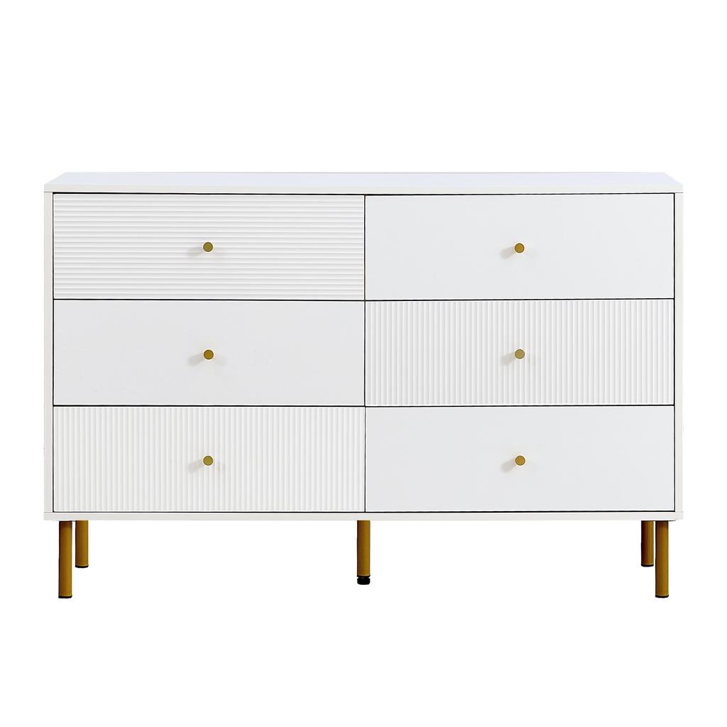 Modern 6-Drawer Chest, White Storage Chest with Zinc Alloy Handles & Steel Legs, 120×40×78cm MDF Cabinet for Bedroom, Living Room, Entryway