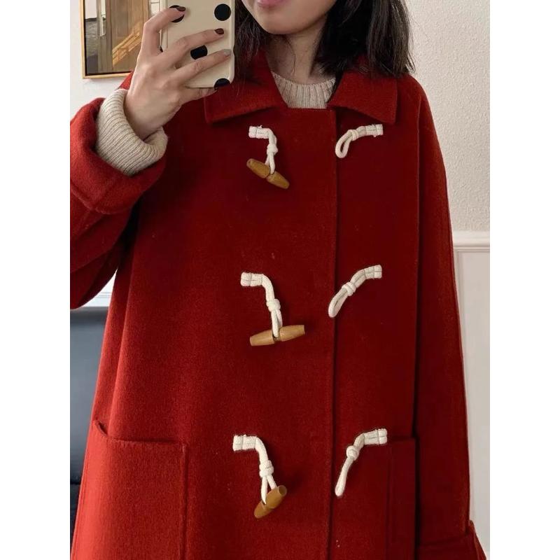 

Шерстяное пальто с пуговицами из коровьего рога, женское шерстяное пальто, однотонный кардиган S красный