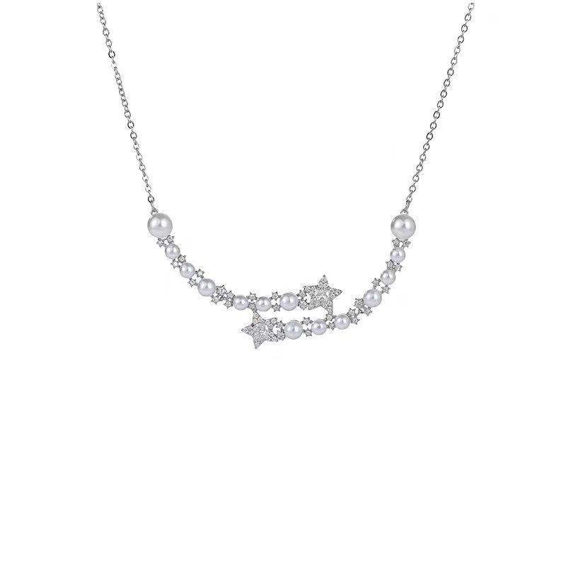 Elegant Pearl & Diamond Star Necklace – Light Luxury Clavicle Jewelry, Versatile and Stylish Five-Pointed Star Design