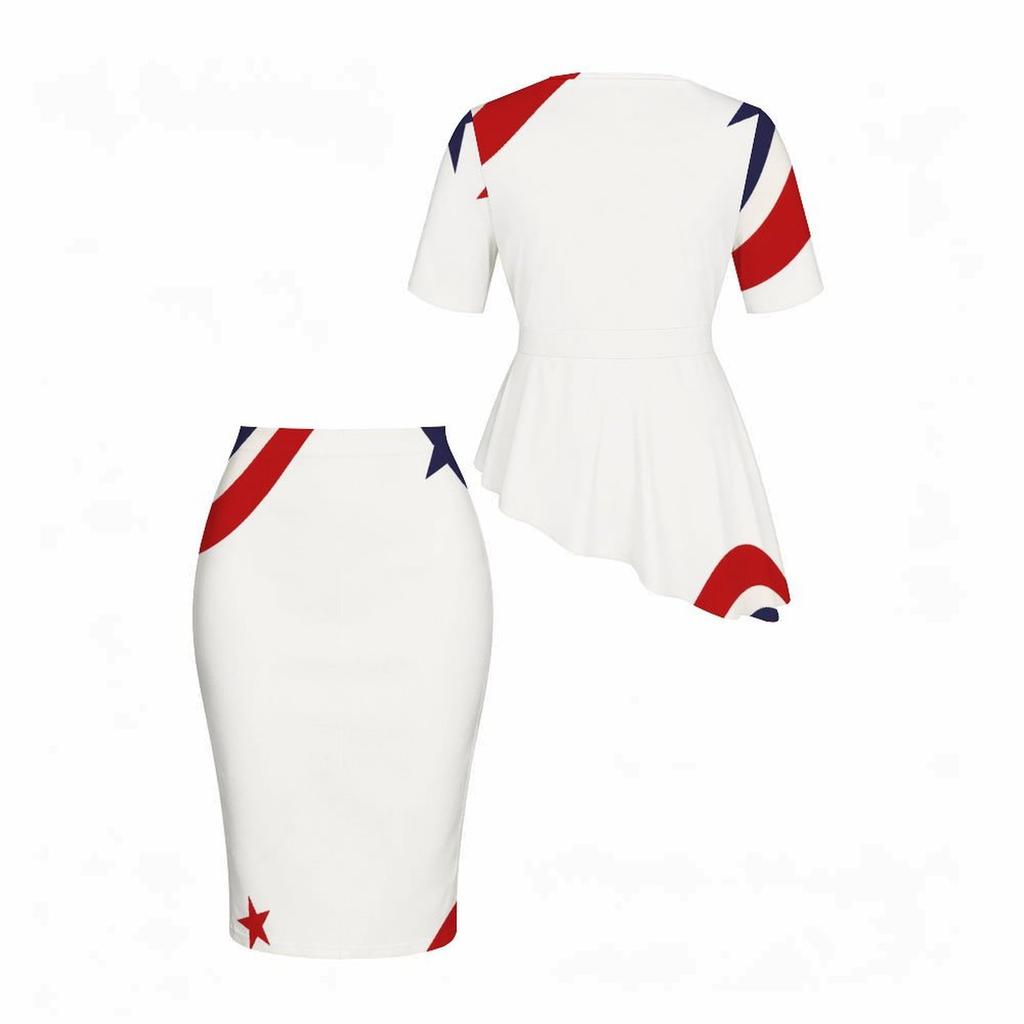 Women Plus Size White Star Printed Round Neck Short Sleeve Two Piece Set Asymmetric Top Pencil Skirt