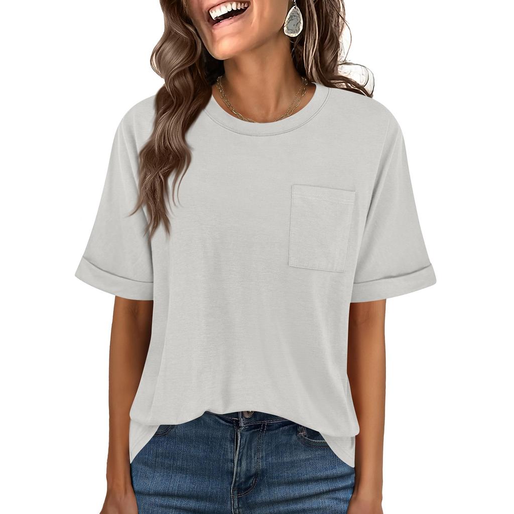 Women Oversized T Shirts Short Sleeve Summer Casual Loose Crewneck Basic Tee with Front Pocket Top