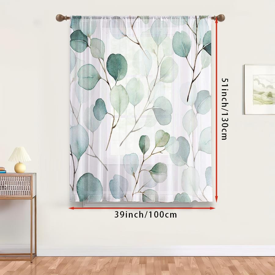 1PC Sheer Curtain Eucalyptus Blue Green Watercolor Print, Rod Pocket Window Curtain for Living Room Modern Decor