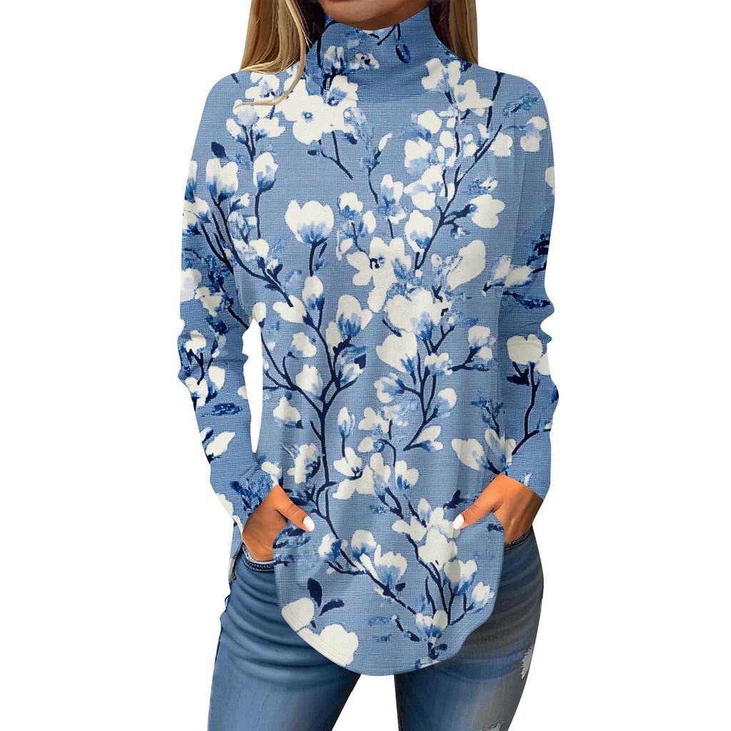 Tee Shirts For Women Fall Casual Long Sleeve Shirts Sweatshirt Vintage Printed High Neck Top Pullover